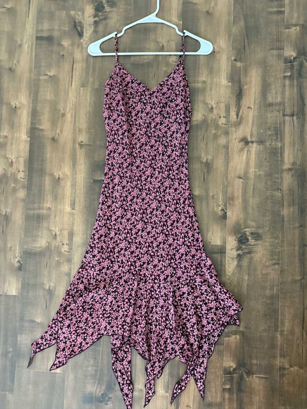 Euro Y2K fairy dress. Pink Floral Spaghetti-Strap Handkerchief Hem Dress